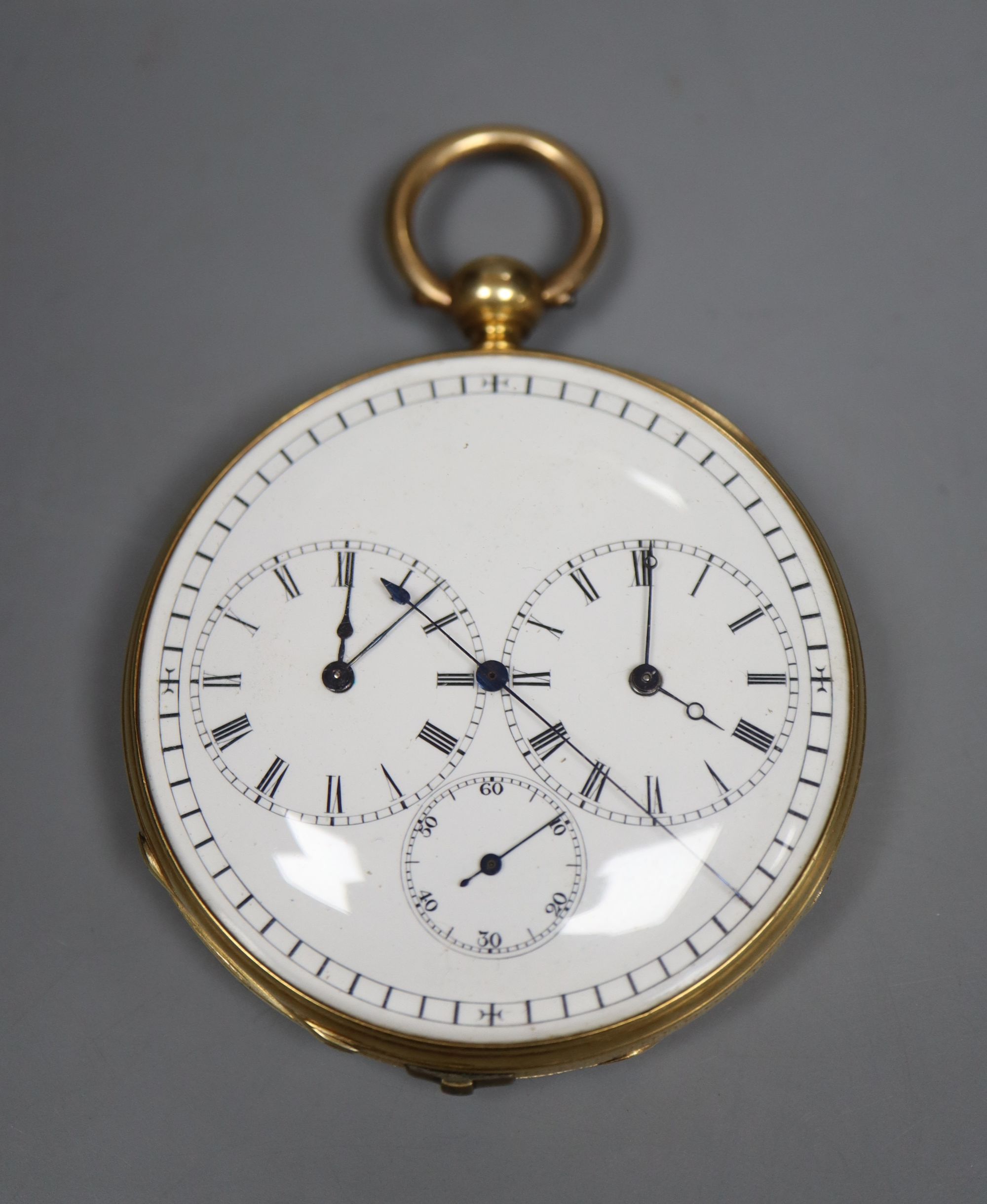 A Victorian 18ct chronograph open faced keywind fob watch, by C. Williamson, makers to The Admiralty, London